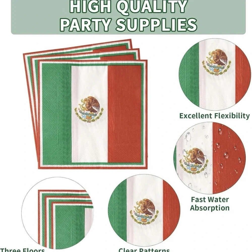 96Pcs Mexico Flag Birthday Party Supplies Mexican Flag Party Plates Napkins Fork